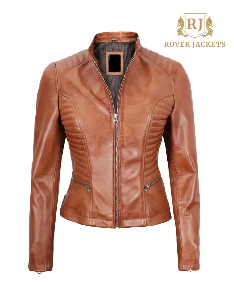 Rachel Womens Tan Slim Fit Cafe Racer Leather Jacket - Limited Stock