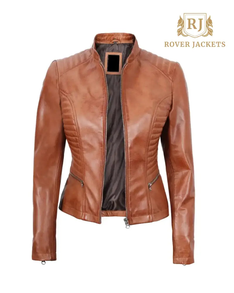 Rachel Womens Tan Slim Fit Cafe Racer Leather Jacket - Limited Stock