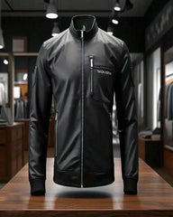 Sleek Black Leather Bomber Jacket with Modern Zipper Design