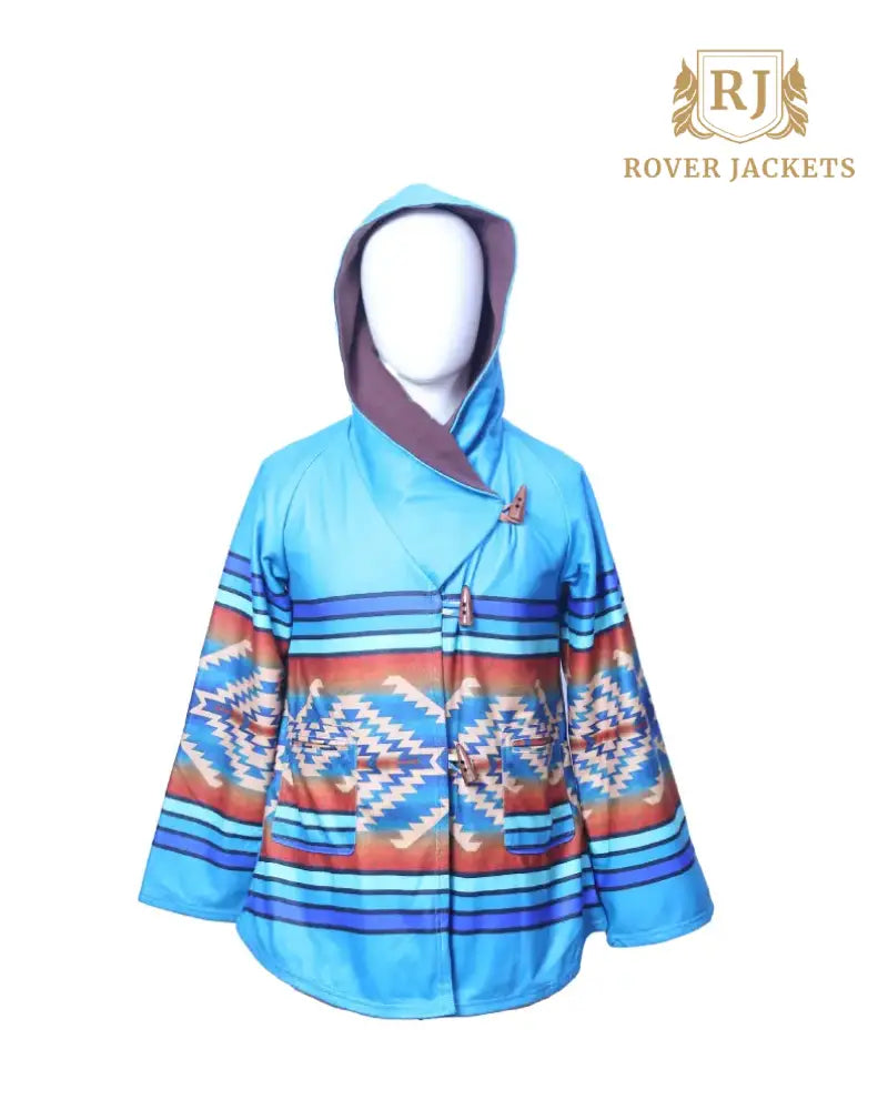 Women's Southwestern Hooded Poncho - Turquoise and Red