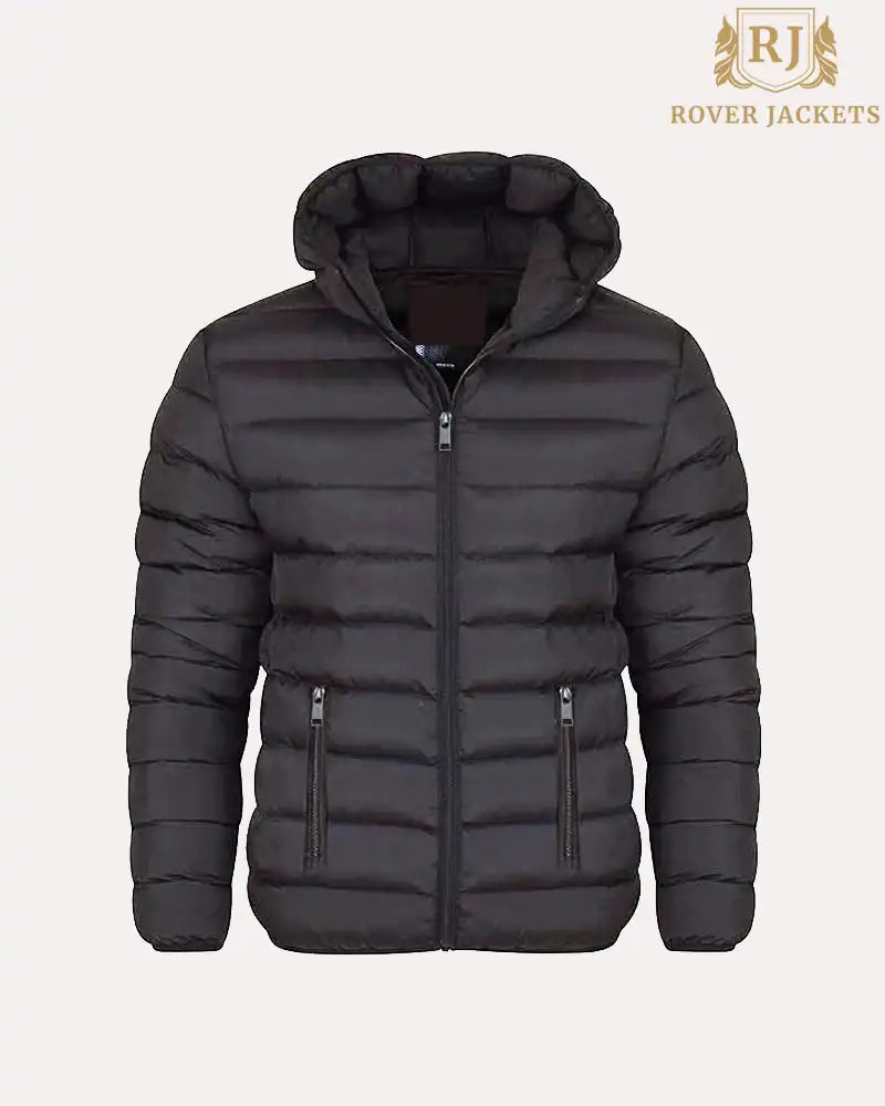 Spindle Mens Plain Black Hooded Padded Quilted Puffer Jacket