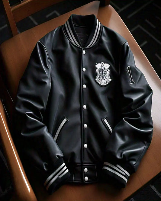 Stylish Black Varsity Jacket with Custom Embroidered Shield