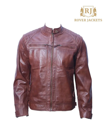 Men's Premium Brown Leather Jacket - Stylish Motorcycle Jacket with Quilted Shoulders