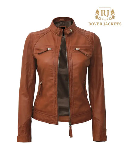 Women Tan Diamond Motorcycle Leather Jacket