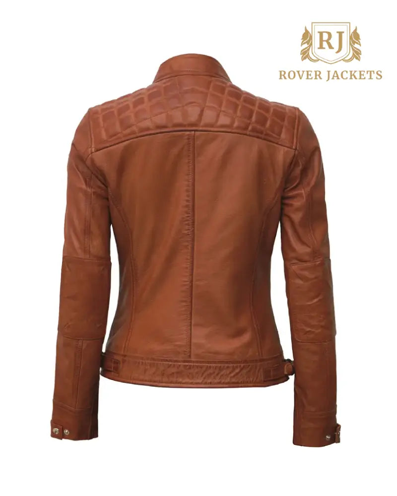 Women Tan Diamond Motorcycle Leather Jacket