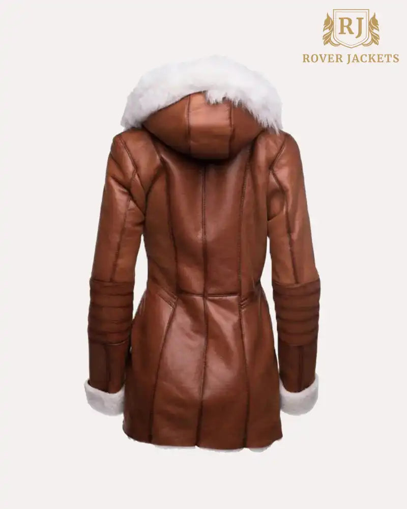 Tan Shearling Trench Style Leather Coat with Fur Hooded Womens