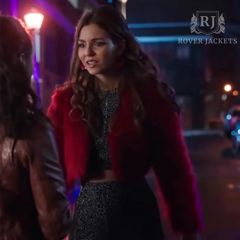 Victoria Justice Red Faux Fur Statement Coat