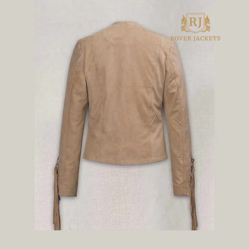 Francia's Blush Pink Cropped Suede Fringe Jacket