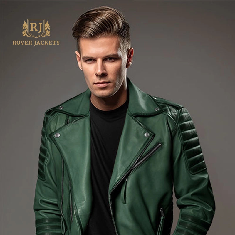 Burnt Green Quilted Leather Moto Jacket