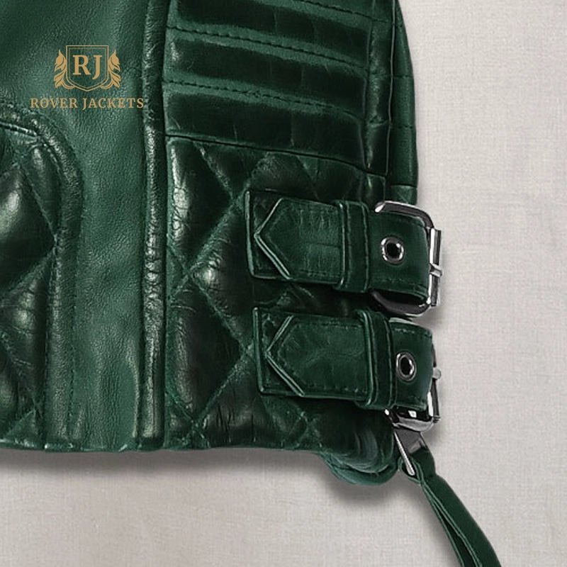 Burnt Green Quilted Leather Moto Jacket