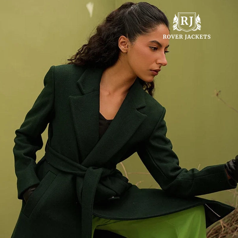 Forest Green Double-Breasted Long Overcoat