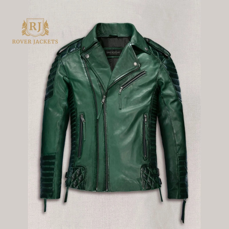 Burnt Green Quilted Leather Moto Jacket