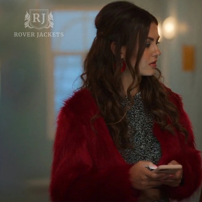 Victoria Justice Red Faux Fur Statement Coat