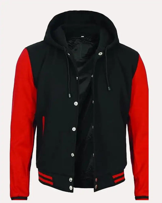 Mens Letterman Varsity Hooded Bomber Jacket