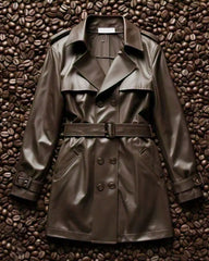 Women Coffee Brown Solid Double-Breasted Trench Coat