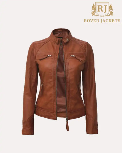 Women Real Lambskin Leather Tan Quilted Biker Jacket