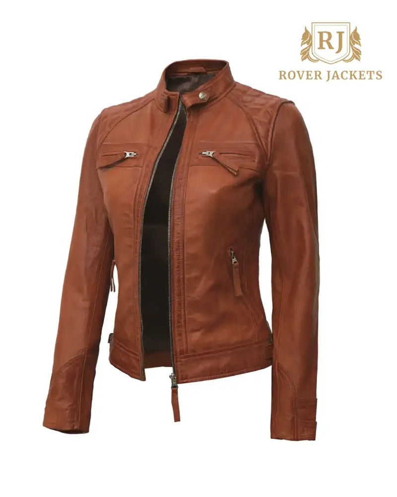 Women Tan Diamond Motorcycle Leather Jacket