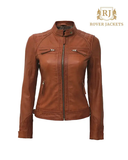 Women Tan Diamond Motorcycle Leather Jacket