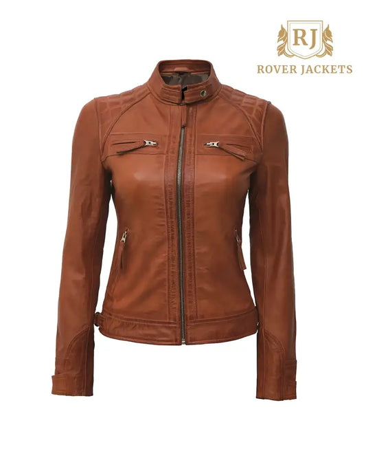 Women Tan Diamond Motorcycle Leather Jacket