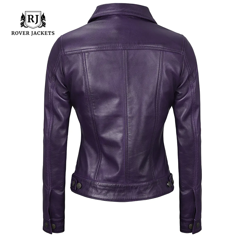 Women Purple Trucker Leather Jacket