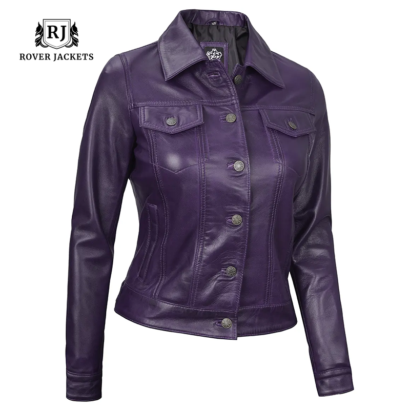 Women Purple Trucker Leather Jacket