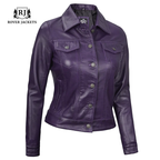 Women Purple Trucker Leather Jacket