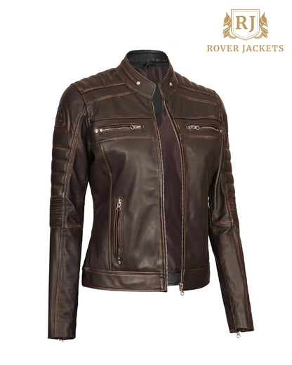 Women's Austin Dark Brown Cafe Racer Biker Jacket