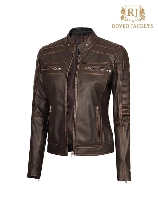 Women's Austin Dark Brown Cafe Racer Biker Jacket