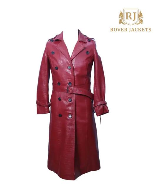 Women's Croc Embossed Leather Trench Coat - Stylish and Elegant