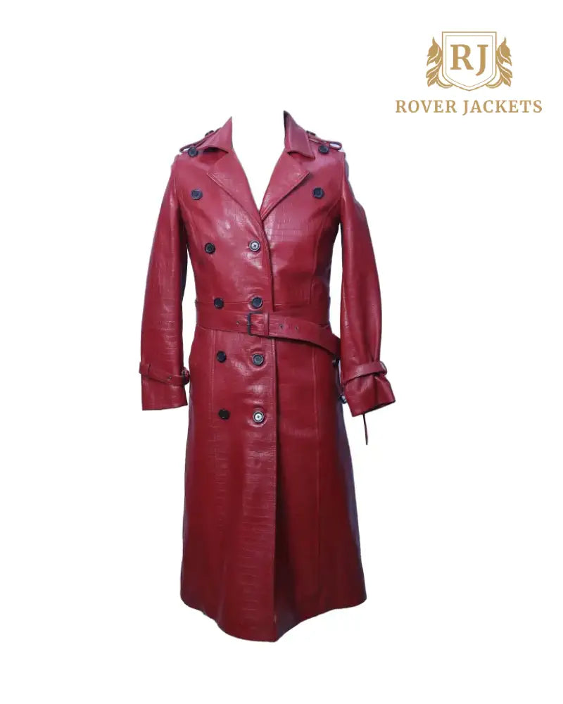 Women's Croc Embossed Leather Trench Coat - Stylish and Elegant