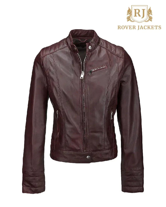 Women's Essen Burgundy Leather Biker Jacket