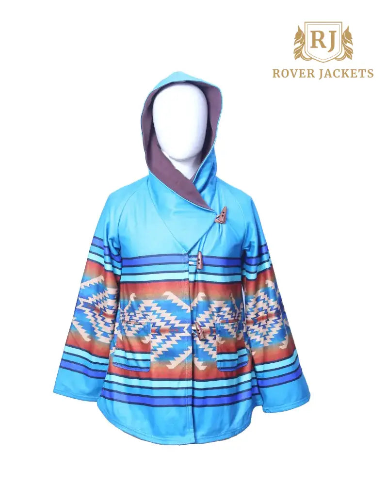 Women's Southwestern Hooded Poncho - Turquoise and Red