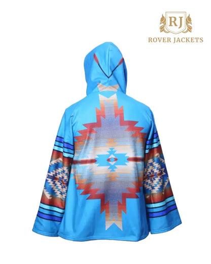 Women's Southwestern Hooded Poncho - Turquoise and Red