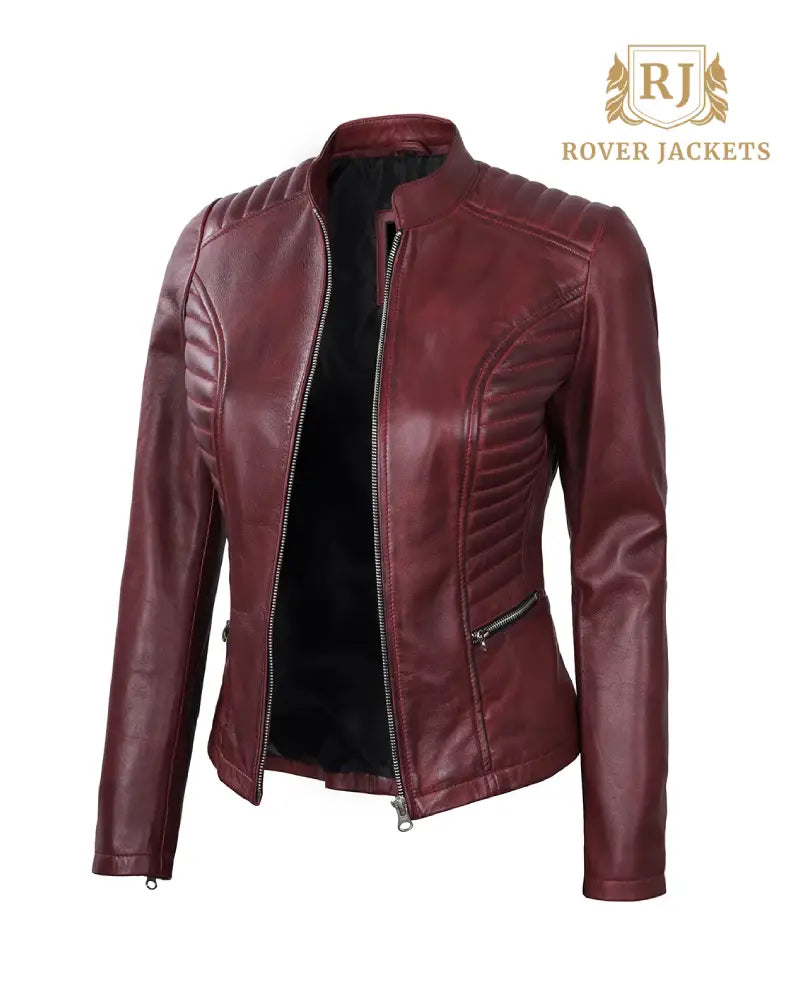 Women's Maroon Leather Cafe Racer Jacket with Padded Shoulders