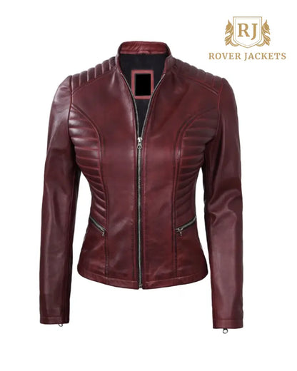 Women's Maroon Leather Cafe Racer Jacket with Padded Shoulders