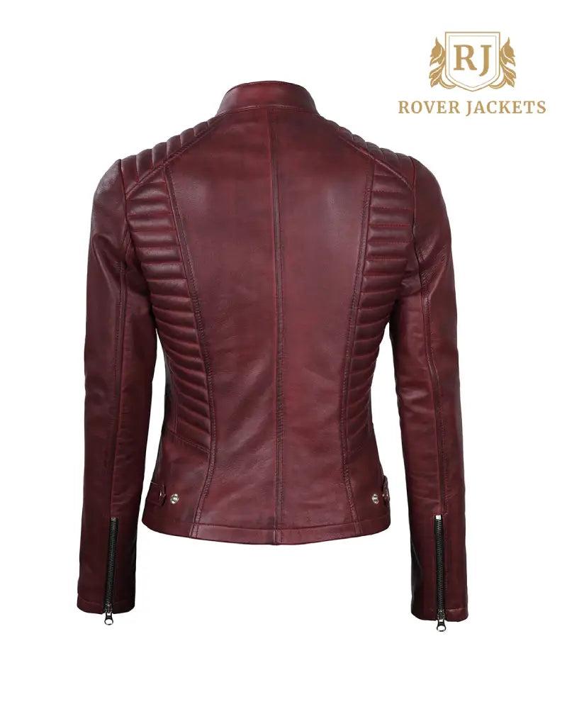 Women's Maroon Leather Cafe Racer Jacket with Padded Shoulders