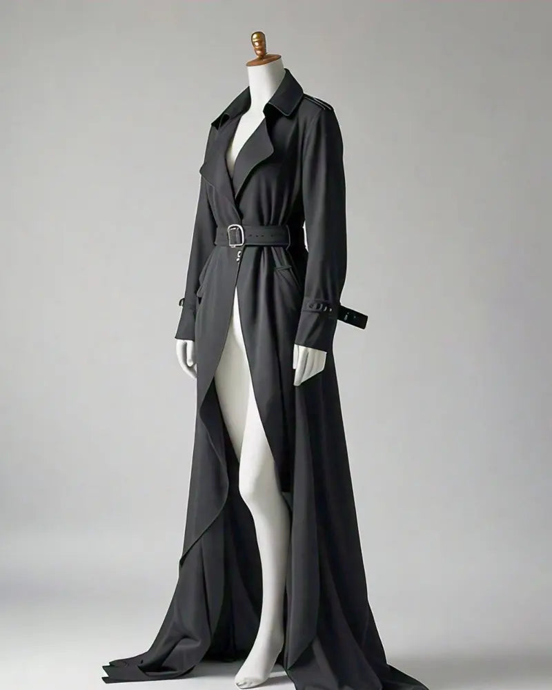 Women_s Slim Notch Lapel Long Vintag Trench Coat Dress Hepburn Style