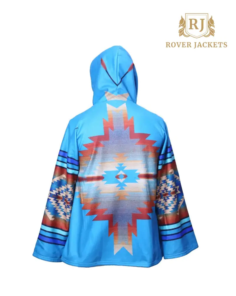 Women's Southwestern Hooded Poncho - Turquoise and Red