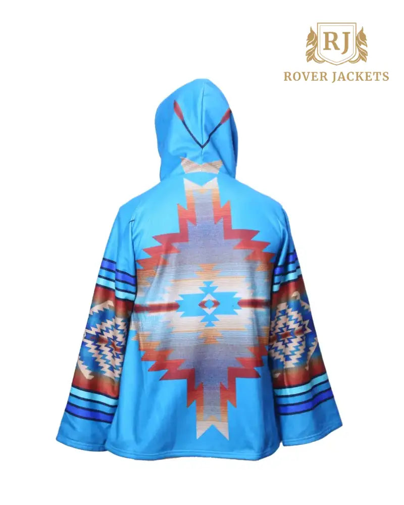 Women's Southwestern Hooded Poncho - Turquoise and Red