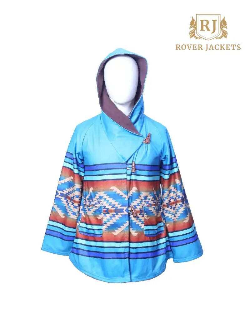 Women's Southwestern Hooded Poncho - Turquoise and Red