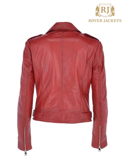 Women's Twin Zip Fastening Red Leather Jacket