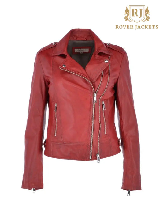 Women's Twin Zip Fastening Red Leather Jacket