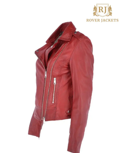 Women's Twin Zip Fastening Red Leather Jacket