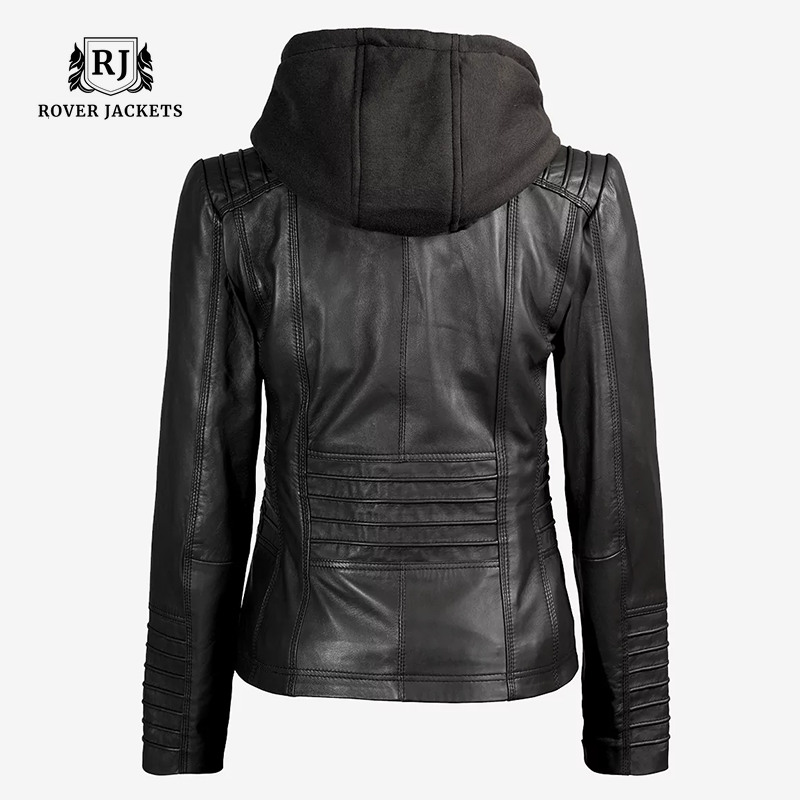 Women Black Real Leather Jacket with Removable Hood