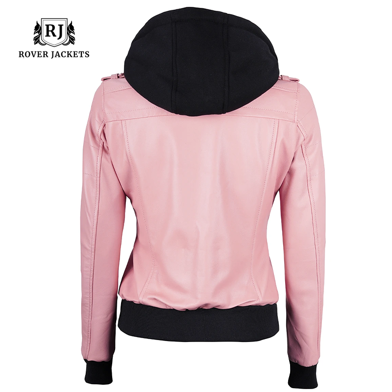 Women's Pink Bomber Leather Jacket with Removable Hood