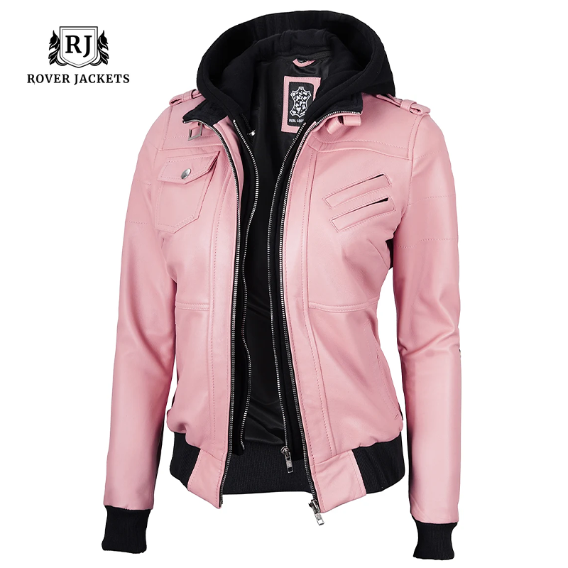 Women's Pink Bomber Leather Jacket with Removable Hood