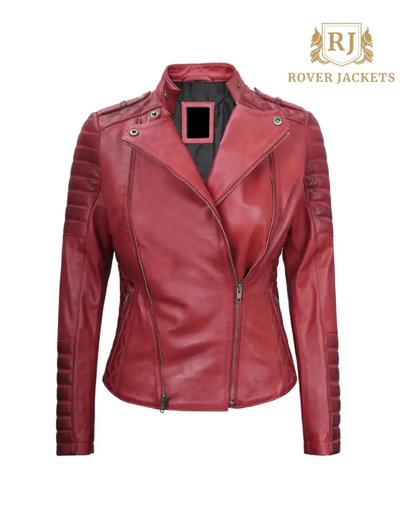 Womens Biker Asymmetrical Maroon Padded Leather Jacket