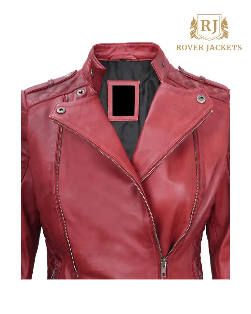 Womens Biker Asymmetrical Maroon Padded Leather Jacket