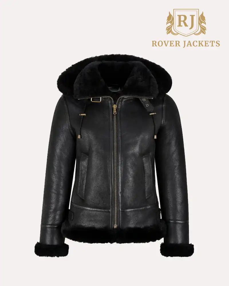 Womens B3 Bomber Hooded Classic Shearling Jacket In Black