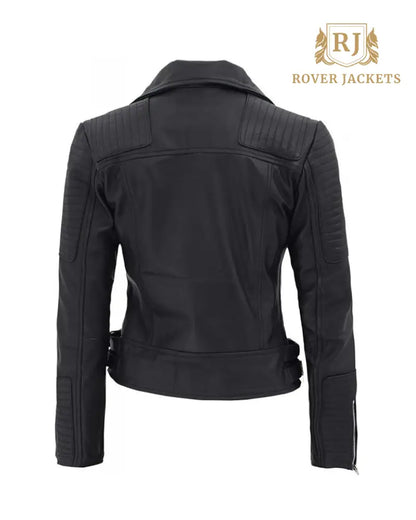 Bari Black Womens Real Leather Biker Jacket